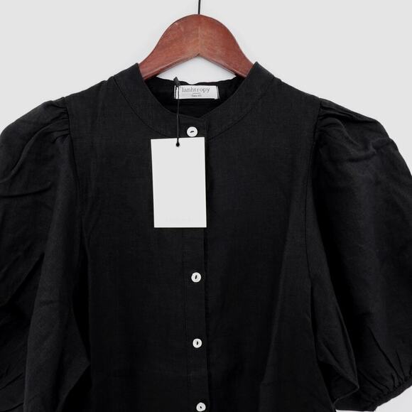 Lanhtropy Linen Shirt Womens XS Black Bubble Sleeves Oversized Langenlook - Picture 4 of 16